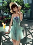  arm_support artist_name backlighting brown_hair chair dated dress food fruit glass hat head_tilt highres lolik orange orange_slice original see-through see-through_silhouette short_hair solo table tree 