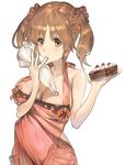  aos apron bangs bare_shoulders blush breasts brown_hair cake chocolate chocolate_cake cleavage collarbone covered_navel finger_in_mouth finger_sucking food hair_ornament hair_scrunchie heart holding holding_plate icing idolmaster idolmaster_cinderella_girls large_breasts long_hair looking_at_viewer naked_apron orange_eyes pastry_bag plate pocket red_ribbon ribbon scrunchie sidelocks simple_background solo tareme totoki_airi twintails white_background 