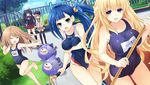  :d barefoot beret black_hair black_legwear blanc blazer blonde_hair blue_eyes blush bow bowtie breasts brown_hair bush clenched_hand closed_eyes collarbone competition_swimsuit covered_navel dogoo dutch_angle fence game_cg gekijigen_tag:_blanc_+_neptune_vs_zombie_gundan hands_on_hips hat heart highres holding jacket kneehighs large_breasts long_hair long_sleeves mole mole_under_eye multiple_girls neptune_(series) noire non-web_source o_o official_art one-piece_swimsuit open_mouth outdoors outstretched_arm plaid plaid_skirt pleated_skirt ram_(choujigen_game_neptune) school_swimsuit school_uniform siblings side_ponytail sisters skirt smile standing standing_on_one_leg swimsuit tamsoft_(choujigen_game_neptune) thigh_gap thighhighs tree tsunako twintails vert very_long_hair zettai_ryouiki 