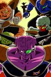  &gt;:) :d armor blue_skin body_armor brown_hair burter captain_ginyu clenched_hand dragon_ball dragon_ball_z frieza ginyu_force gloves green_eyes green_skin grin guldo highres jeice long_hair looking_at_viewer male_focus multiple_boys muscle open_mouth purple_skin recoome red_eyes red_skin scouter shinomiya_akino smile spikes tail teeth v-shaped_eyebrows veins white_hair 