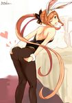  ;d absurdres animal_ears ass ass_grab bad_id bad_pixiv_id bare_shoulders black_legwear blush bunny_ears bunny_girl bunny_tail bunnysuit clarisse_(granblue_fantasy) cosplay grabbing_own_ass granblue_fantasy green_eyes hair_ribbon heart highres jewel_resort_bunnygirl jewel_resort_bunnygirl_(cosplay) long_hair looking_at_viewer looking_back one_eye_closed open_mouth orange_hair pantyhose ponytail ribbon smile solo tail very_long_hair wrist_cuffs yatsuka_(846) 