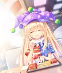  :d american_flag_dress blonde_hair breasts clownpiece fangs food french_fries hamburger hat ice_cream jester_cap long_hair medium_breasts open_mouth pointy_ears smile solo sundae touhou very_long_hair z.o.b 