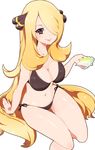  bikini black_bikini blonde_hair breasts brown_eyes chorimokki cleavage hair_ornament hair_over_one_eye holding large_breasts long_hair nail_polish navel pokemon pokemon_(game) pokemon_dppt shell shirona_(pokemon) side-tie_bikini simple_background smile solo swimsuit thigh_gap thighs white_background 