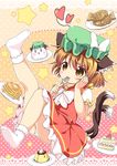  animal_ears bow brown_eyes brown_hair cake cat_ears cat_tail chen cherry ear_piercing food fork fork_in_mouth fruit hand_on_own_cheek hat hat_bow heart jewelry leg_up mob_cap multiple_tails nekomata no_shoes pancake panties pantyshot pantyshot_(sitting) piercing pila-pela plate pudding puffy_short_sleeves puffy_sleeves shirt short_sleeves single_earring sitting skirt skirt_set slice_of_cake socks solo spoken_heart stack_of_pancakes star strawberry strawberry_shortcake tail taiyaki touhou two_tails underwear vest wagashi white_panties 
