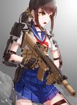  assault_rifle blue_skirt brown_eyes brown_hair call_of_duty call_of_duty:_advanced_warfare eotech fang finger_on_trigger fn_scar fn_scar_16 foregrip gloves gun holding holding_gun holding_weapon kfr load_bearing_vest long_hair military open_mouth original ponytail pouch power_suit reflex_sight rifle school_uniform science_fiction scrunchie serafuku short_sleeves sidelocks skirt solo stanag_magazine suppressor thigh_strap weapon 