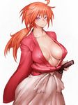  :o bangs blush breasts breasts_apart center_opening collarbone covered_nipples cowboy_shot facial_scar flipped_hair from_side fumio_(rsqkr) genderswap genderswap_(mtf) hakama hand_on_hilt himura_kenshin hip_vent hips holding holding_weapon japanese_clothes katana kimono large_breasts long_hair long_ponytail long_sleeves looking_at_viewer low_ponytail no_bra open_clothes open_kimono orange_hair parted_lips ponytail purple_eyes rurouni_kenshin sash scar scar_on_cheek sheath sheathed simple_background sleeves_past_wrists solo standing sword weapon white_background 