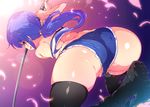  amasaki_ryouko ass black_legwear blue_eyes blue_hair cameltoe cracklecradle from_behind long_hair looking_back open_mouth petenshi_(dr._vermilion) ponytail shorts smile solo squatting sword thighhighs weapon 