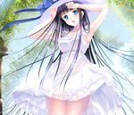  :o armpits bare_arms black_hair blue_eyes blue_sky bow collarbone day dress gorua_(youce01) hand_on_forehead hat leaf md5_mismatch open_mouth original outdoors resized sky sleeveless sleeveless_dress solo sparkle sundress thighs upscaled white_dress 
