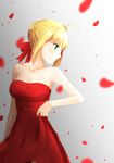  absurdres ahoge blonde_hair breasts cleavage dress fate/extra fate_(series) highres large_breasts nero_claudius_(fate) nero_claudius_(fate)_(all) petals red_dress ribbon short_hair solo strapless strapless_dress zeroasann 