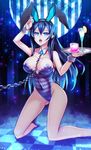  animal_ears bdsm black_hair blue_eyes breasts bunny_ears bunnysuit chain detached_collar drink fishnet_pantyhose fishnets highres kneeling large_breasts long_hair original pantyhose samael_(5211) solo tray wrist_cuffs 