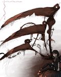  asymmetrical_wings black_dress black_hair bow chain dress expressionless houjuu_nue large_wings looking_at_viewer no_mouth red_eyes red_footwear shoes short_hair short_sleeves sitting sketch solo thighhighs tokyo_(artist) touhou ufo wings 