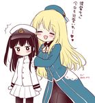  2girls ^_^ atago_(kantai_collection) blonde_hair blush brown_hair closed_eyes commentary female_admiral_(kantai_collection) gloves hat heart kantai_collection little_girl_admiral_(kantai_collection) long_hair long_sleeves migu_(migmig) military military_uniform multiple_girls open_mouth pantyhose peaked_cap pleated_skirt skirt smile translation_request uniform white_gloves white_skirt 