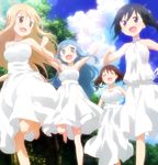  4girls :3 bare_shoulders barefoot blonde_hair blue_eyes blue_hair blush breasts brown_eyes brown_hair closed_eyes closed_mouth cloud collarbone day doma_umaru dress ebina_nana forest grass hair_ornament hairband hands_up highres himouto!_umaru-chan large_breasts laughing lens_flare long_dress lying messy_hair motoba_kirie multiple_girls nature on_back open_mouth ponytail purple_eyes purple_hair running screencap short_sleeves sky small_breasts smile stitched tachibana_sylphynford third-party_edit twintails wavy_hair white_dress 