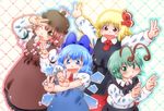  :d antennae blonde_hair blue_eyes blue_hair brown_eyes brown_hair cape cirno double_v dress fang fangs green_eyes green_hair hair_ribbon hat matty_(zuwzi) multiple_girls mystia_lorelei open_mouth outstretched_arms ribbon rumia shirt short_hair skirt smile team_9 touhou v vest wings wriggle_nightbug 