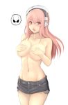  :o blush breast_hold breasts cleavage collarbone commentary_request covering covering_breasts covering_nipples headphones highres large_breasts long_hair looking_at_viewer navel nitroplus no_bra open_mouth pink_eyes pink_hair shorts solo stomach super_sonico topless yashichii 