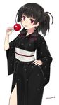  :p alternate_hairstyle bangs black black_hair black_kimono breasts candy_apple covered_nipples cowboy_shot floral_print food hair_ornament hair_over_shoulder hair_ribbon hair_up hand_on_hip highres holding isokaze_(kantai_collection) japanese_clothes kantai_collection kimono kuro_chairo_no_neko long_hair long_sleeves looking_at_viewer obi paw_print ponytail red_eyes red_ribbon ribbon sash simple_background small_breasts smile solo tongue tongue_out tress_ribbon twitter_username white_background wide_sleeves yukata 