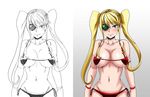  asortofcolorfag before_and_after bikini blonde_hair blue_eyes blush breasts cleavage collaboration colorized hakodate_omiko kill_la_kill large_breasts long_hair micro_bikini navel no_hat no_headwear red_bikini scope side-tie_bikini sketch slender_waist smile solo swimsuit the_golden_smurf twintails underboob 