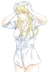  blonde_hair dress_shirt drying drying_hair fullmetal_alchemist hejia_abby long_hair riza_hawkeye shirt sleeves_rolled_up solo thighs towel towel_on_head white_shirt yellow_eyes 