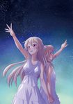  arm_up back-to-back bare_shoulders blonde_hair brown_eyes dress gradient gradient_background hairband half_updo holding_hands long_hair multiple_girls night open_mouth original outstretched_hand parted_lips sky star_(sky) starry_sky sundress totsuki_touka_(orange_factory) very_long_hair white_dress 