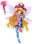  american_flag_dress american_flag_legwear blonde_hair blush clownpiece commentary_request fairy fairy_wings hat highres jester_cap long_hair looking_at_viewer pantyhose pom_pom_(clothes) red_eyes short_sleeves side_b simple_background solo standing standing_on_one_leg star star_print torch touhou very_long_hair white_background wings 