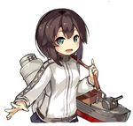  :d black_hair grey_eyes hayasui_(kantai_collection) jacket kantai_collection lino-lin looking_at_viewer open_mouth outstretched_arm outstretched_hand short_hair smile solo track_jacket turret white_background 