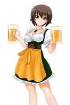  alternate_costume apron beer_mug blush brown_eyes brown_hair commentary cowboy_shot cross cup dirndl dress dual_wielding german_clothes girls_und_panzer holding holding_cup jewelry looking_at_viewer matsui_yasutsugu necklace nishizumi_maho oktoberfest orange_apron short_hair solo standing underbust waist_apron white_background 
