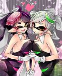  aori_(splatoon) black_hair blush breast_press breasts commentary cousins cowboy_shot detached_collar domino_mask dress earrings fangs food food_on_head gloves heart highres holding_hands hotaru_(splatoon) interlocked_fingers jewelry kashiwagi_minato long_hair looking_at_viewer mask mole mole_under_eye multiple_girls object_on_head one_eye_closed open_mouth pantyhose pointy_ears pose short_dress short_hair short_jumpsuit smile sparkle splatoon_(series) splatoon_1 strapless strapless_dress symmetrical_docking tentacle_hair white_gloves 