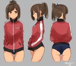  arms_behind_back ass brown_eyes brown_hair character_sheet cropped_legs hands_in_pockets i-401_(kantai_collection) isshiki_(ffmania7) jacket kantai_collection looking_at_viewer looking_back multiple_views ponytail profile school_swimsuit simple_background sketch smile swimsuit swimsuit_under_clothes thighs track_jacket turnaround twitter_username 