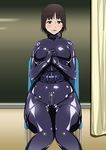  bdsm black_bodysuit blush bodysuit breasts brown_eyes brown_hair chair collar corset crotch_zipper curtains doumoto_chiemi hands_clasped huge_breasts latex own_hands_together shirobako short_hair sitting smile solo ufo_koikoi window zipper 