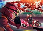  crimson_dragon duel_monster fudou_yuusei gloves goggles green_hair ground_vehicle helmet jacket jumpsuit lazward male_focus motor_vehicle motorcycle motorcycle_helmet multiple_boys red_eyes red_hair sakaki_yuuya yuu-gi-ou yuu-gi-ou_5d's yuu-gi-ou_arc-v 