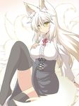  animal_ears black_legwear black_skirt blonde_hair blouse blush breasts commentary_request fox_ears fox_tail frills girdle goma_(gomasamune) hand_on_breast hand_on_own_chest knee_up large_breasts long_hair looking_at_viewer meme_attire multiple_tails neck_ribbon original ribbon skirt solo tail thighhighs virgin_killer_outfit white_blouse yellow_eyes 