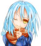  androgynous blue_hair coat dual_persona finger_to_face long_hair nooko rimuru_tempest slime smile tensei_shitara_slime_datta_ken yellow_eyes 