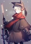  albino anaglyph animal_hat black_legwear breath cat_hat chromatic_aberration commentary_request cowboy_shot dress earmuffs gun hat holding holding_gun holding_weapon kawanakajima long_sleeves looking_at_viewer original red_eyes red_scarf rifle scarf snowing solo weapon white_hair 