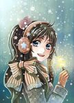  :d black_hair blue_eyes bow brown_gloves cardigan earmuffs fireworks gloves hair_ornament holding open_mouth original ponytail radittz scarf scarf_bow senkou_hanabi smile snow snowflakes snowing solo sparkler sparks star star_print upper_body winter winter_clothes 