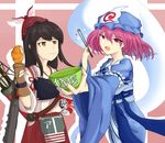  akagi_(kantai_collection) arrow bad_anatomy bad_id bad_pixiv_id black_hair bowl bucket chicken_(food) chicken_leg chopsticks colonel_sanders cosplay crossover eating food food_on_face fried_chicken ghost gloves hat highres japanese_clothes kantai_collection kfc looking_at_viewer multiple_girls mystia_lorelei open_mouth pink_hair red_eyes saigyouji_yuyuko saigyouji_yuyuko_(cosplay) sparkle touhou trait_connection yellow_eyes yumel2u 
