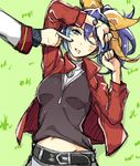  anger_vein belt blue_hair bracelet cheek_poking green_eyes hair_ribbon jewelry lying midriff navel poking ponytail q_(a72pgc) ribbon saliva sawatari_shingo serena_(yuu-gi-ou_arc-v) solo_focus yuu-gi-ou yuu-gi-ou_arc-v 