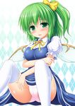  argyle argyle_background blue_dress blush breasts come_hither daiyousei dress fairy_wings green_eyes green_hair hair_ribbon large_breasts looking_at_viewer nagana_sayui open_mouth panties pantyshot pantyshot_(sitting) pink_panties puffy_short_sleeves puffy_sleeves ribbon seductive_smile shirt short_sleeves side_ponytail sitting smile solo textless thighhighs thighs touhou underwear upskirt white_legwear wings 