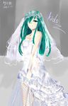  absurdres breasts bridal_veil character_name cleavage colored_eyelashes comb_(suz) dated dress eyelashes fishnet_fabric green_eyes green_hair grey_background hair_over_one_eye highres kagerou_days_(vocaloid) kagerou_project kido_tsubomi lace lace-trimmed_dress layered_dress long_hair signature solo strapless strapless_dress veil wedding_dress 