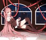  absurdres bare_shoulders chun_yang cup detached_sleeves dress drinking_glass frills high_heels highres krul_tepes long_hair looking_at_viewer owari_no_seraph pink_hair red_eyes solo thighhighs very_long_hair wine_glass 