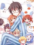  5girls animal_ears blush brown_eyes brown_hair cat cat_ears chibi doma_taihei doma_umaru ebina_nana from_side glasses hamster himouto!_umaru-chan hug kemonomimi_mode komaru kongou_kanau looking_at_viewer lying miyata_(miyatami07) motoba_kirie motoba_takeshi multiple_boys multiple_girls on_side pajamas pillow short_hair sparkle striped tachibana_alex tachibana_sylphynford vertical_stripes wavy_mouth 