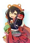  ;d akagi_(kantai_collection) black_hair bottle chips cola cosplay crossover doma_umaru doma_umaru_(cosplay) flight_deck food fuusen_neko hamster_costume himouto!_umaru-chan kantai_collection long_hair looking_at_viewer one_eye_closed open_mouth pocky potato_chips pudding skirt smile snack soda_bottle solo trait_connection yellow_eyes 