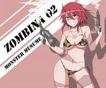  absurdres ahoge bikini breasts camouflage camouflage_bikini character_name collarbone copyright_name cowboy_shot dog_tags dual_wielding green_eyes grin gun heterochromia highres holding jay87k medium_breasts monster_musume_no_iru_nichijou navel red_hair shadow signature smile smoke smoking_gun solo stitches submachine_gun swimsuit weapon yellow_eyes zombie zombina 