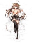  ahoge black_footwear black_legwear boots breast_suppress breasts breasts_apart brown_hair collarbone detached_sleeves hairband highres jjjjj kantai_collection kongou_(kantai_collection) large_breasts long_hair looking_at_viewer lying nontraditional_miko on_back open_clothes ribbon-trimmed_sleeves ribbon_trim skirt solo thigh_boots thighhighs very_long_hair zettai_ryouiki 