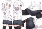  ahoge ass black_legwear blue_eyes blush commentary_request from_behind hands_in_pockets hood hoodie looking_at_viewer looking_back lying multiple_views on_side original otokuyou pleated_skirt ringo-chan_(otokuyou) short_hair simple_background sitting skirt thighhighs wariza white_background white_hair zettai_ryouiki 