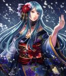  ayakashi_hyakkiyakou blue_eyes blue_hair choker flower hair_flower hair_ornament highres japanese_clothes kimono lips long_hair looking_at_viewer original parted_lips snowing solo syu_kamiya yuki_onna 