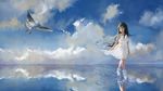  akemi_homura bird black_hair blackrabbitsoul cloud day dress hairband long_hair mahou_shoujo_madoka_magica purple_eyes seagull sky solo sundress walking walking_on_liquid water white_dress 