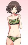  :d akiyama_yukari arm_behind_back blush bra breasts brown_eyes brown_hair camouflage camouflage_bra camouflage_panties collarbone cowboy_shot crotch girls_und_panzer gradient gradient_background groin kumadano messy_hair navel open_mouth panties pink_background short_hair small_breasts smile solo sports_bra strap_pull thigh_gap underwear underwear_only 