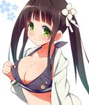  9law alternate_hairstyle black_hair blush breasts cleavage flower gochuumon_wa_usagi_desu_ka? green_eyes hair_flower hair_ornament halter_top halterneck large_breasts long_hair looking_at_viewer simple_background smile solo twintails ujimatsu_chiya upper_body white_background 