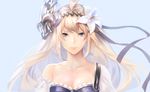  armor bad_id bad_pixiv_id bangs bare_shoulders blonde_hair blue_background blue_eyes breasts cleavage closed_mouth flower granblue_fantasy hair_flower hair_ornament hair_ribbon jeanne_d'arc_(granblue_fantasy) lily_(flower) long_hair looking_at_viewer medium_breasts portrait pump-uh ribbon simple_background smile solo 