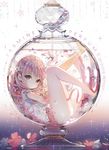  artist_name bad_id bad_twitter_id bare_legs barefoot bottle commentary dated flower frills full_body hair_flower hair_ornament in_bottle in_container liquid looking_at_viewer original perfume_bottle pink_eyes pink_hair repi short_sleeves solo submerged 
